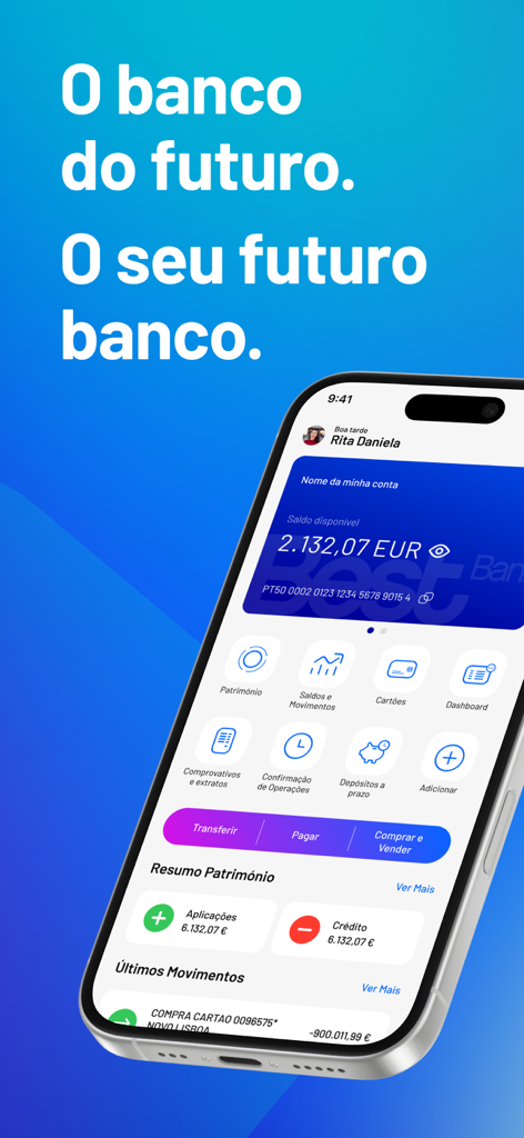 Best Bank - Painel do aplicativo móvel Best Bank exibindo saldo da conta e serviços financeiros