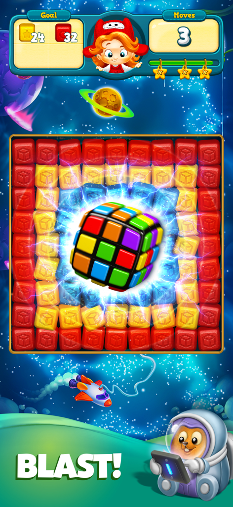 Toy Blast - Jugabilidad de nivel espacial de Toy Blast con un gran potenciador de cubo colorido.