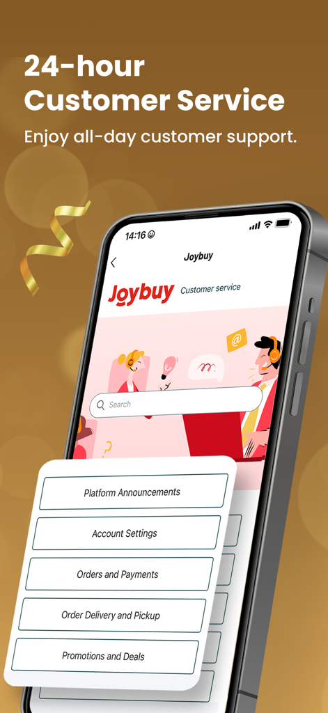 Joybuy mobile app screenshot showing 24-hour customer service interface with options for orders payments and delivery support