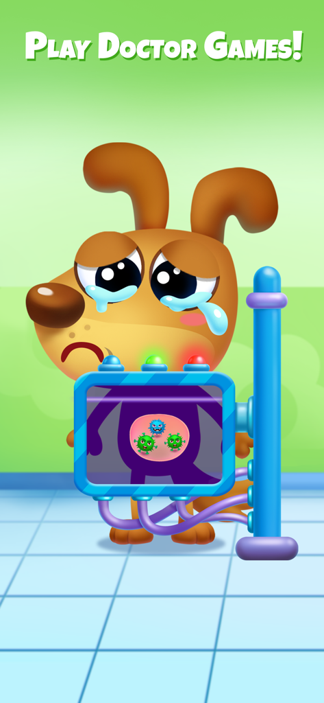 Kids Games! Learning 4 Toddler - A crying cartoon dog being scanned for germs in a toddler doctor learning game