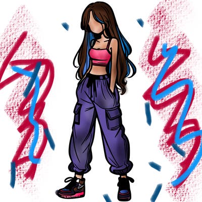 girl in baggy pants crop top and long hair