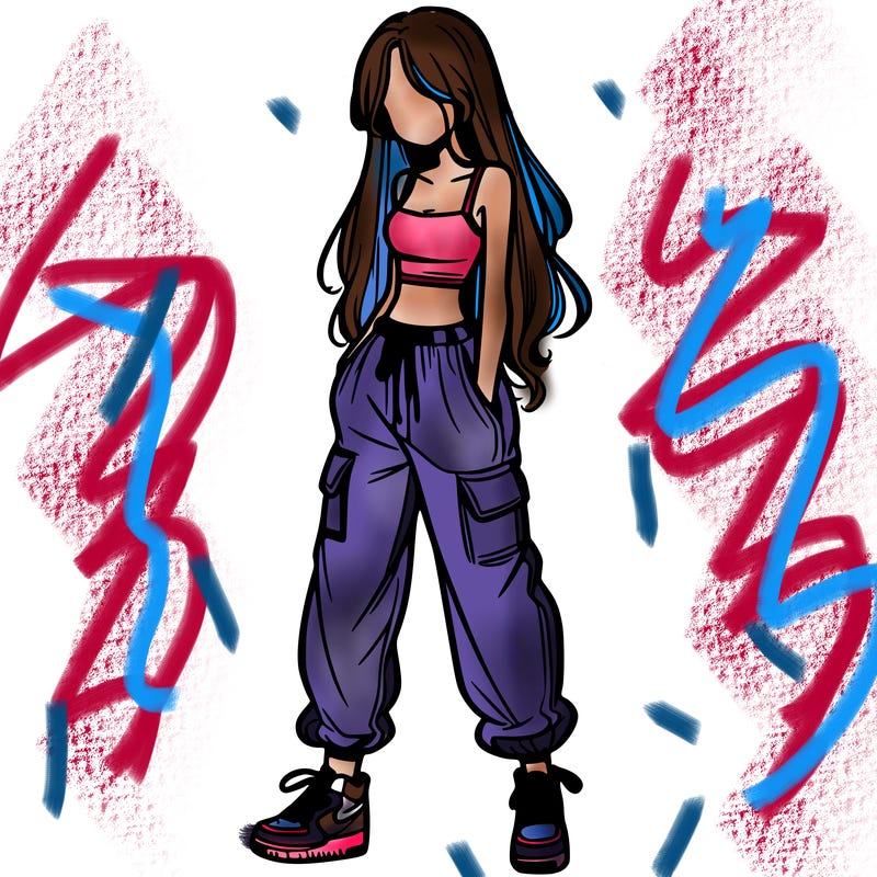 girl in baggy pants crop top and long hair