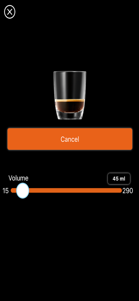 JURA Pocket Pilot - JURA Pocket Pilot app interface showing a coffee volume customization slider and a cancel button.