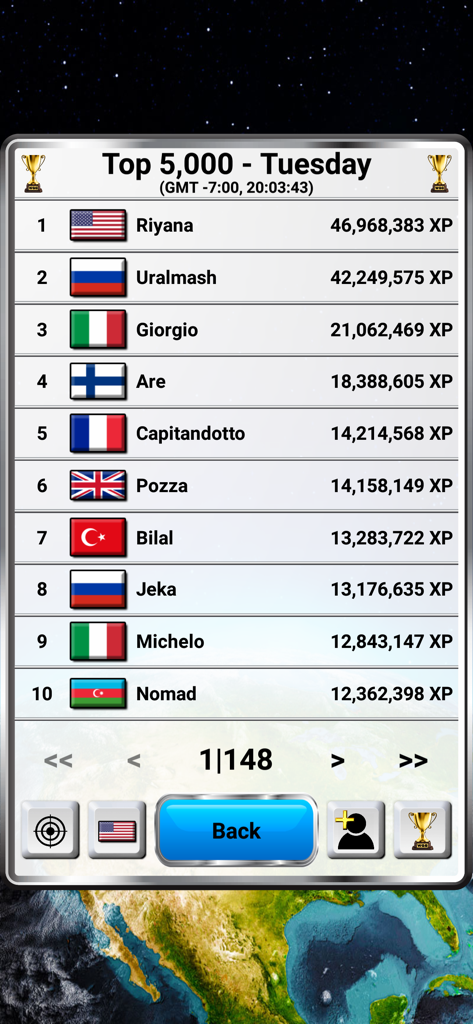 Worldwide leaderboard showing top players and XP rankings in the World Geography Quiz Game.