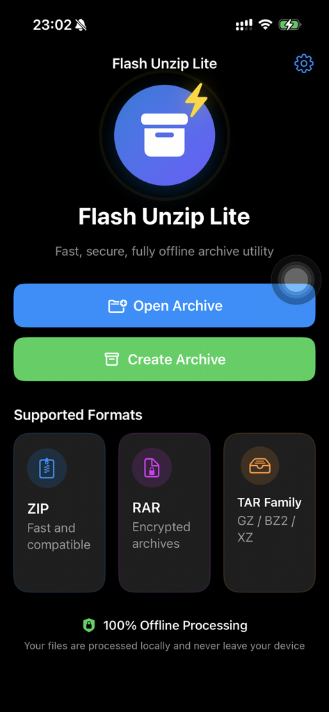 Flash Unzip — No Ads No Track - Interfaz de la aplicación Flash Unzip Lite mostrando opciones para abrir o crear archivos y una lista de formatos compatibles como ZIP y RAR.