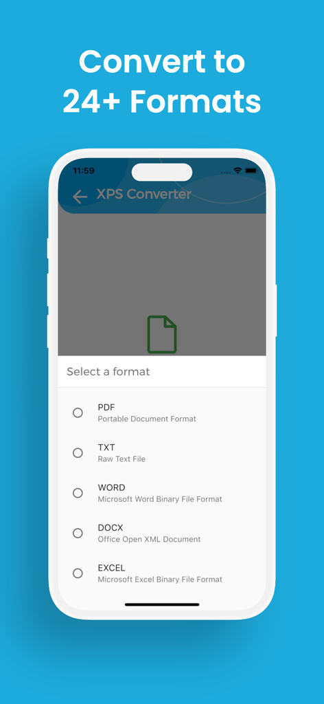 XPS Converter, XPS to PDF - XPSコンバーターアプリのインターフェース。PDF、TXT、Word、Excelなどのファイル形式のリストが表示されています。