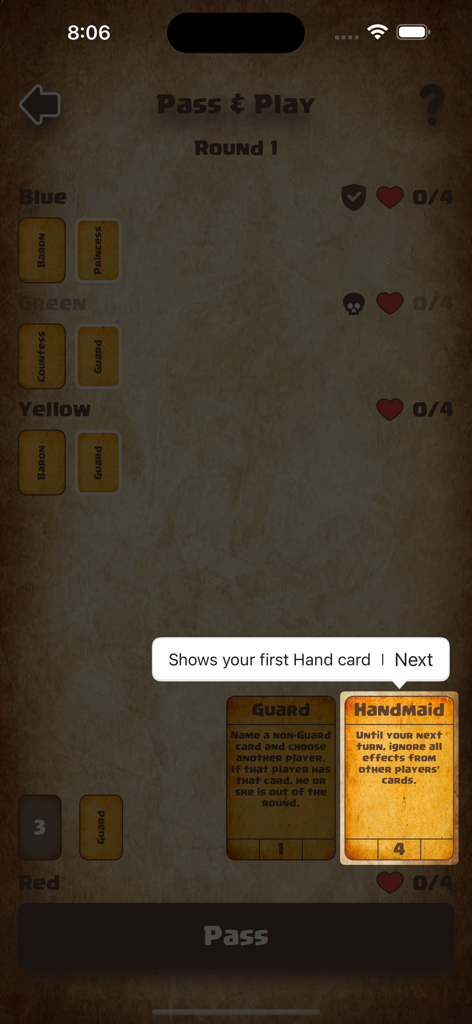Love Messenger - Gameplay screen of Love Messenger card game showing a tutorial bubble for the Handmaid card in Pass and Play mode.