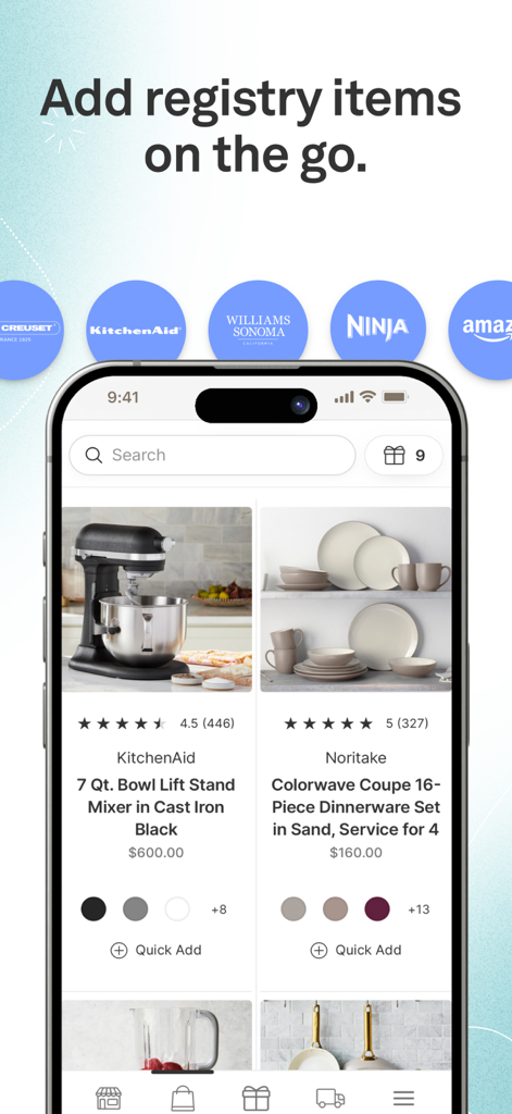 Joy Wedding Planner & Website - Smartphone-Bildschirm, der die Registerfunktion der Joy Wedding Planner App mit Küchenutensilien und Markennamen zeigt