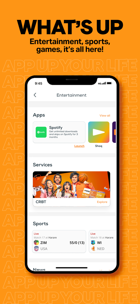 UPTCL- App Up Your Life! - Screenshot of the UPTCL app entertainment section featuring music services sports scores and cricket updates
