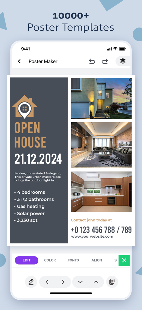 Poster Maker, Flyer Maker - Mobile app interface showing an open house real estate flyer template with professional property photos and editing tools