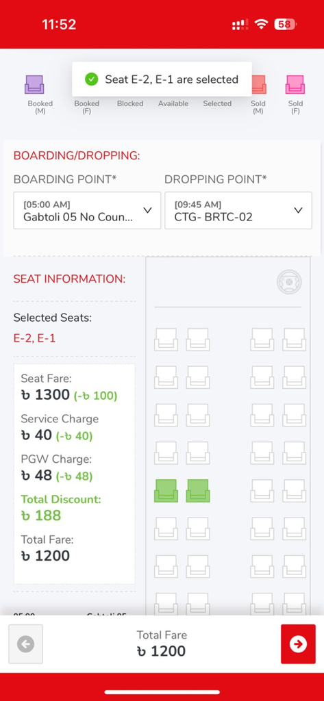 BDTICKETS - Bus seat selection interface in BDTICKETS app showing selected seats and fare details