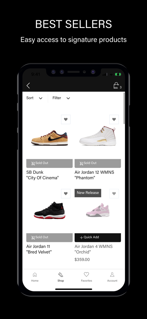 Stadium Goods mobile app screen displaying a curated list of best selling sneakers including Air Jordan models.