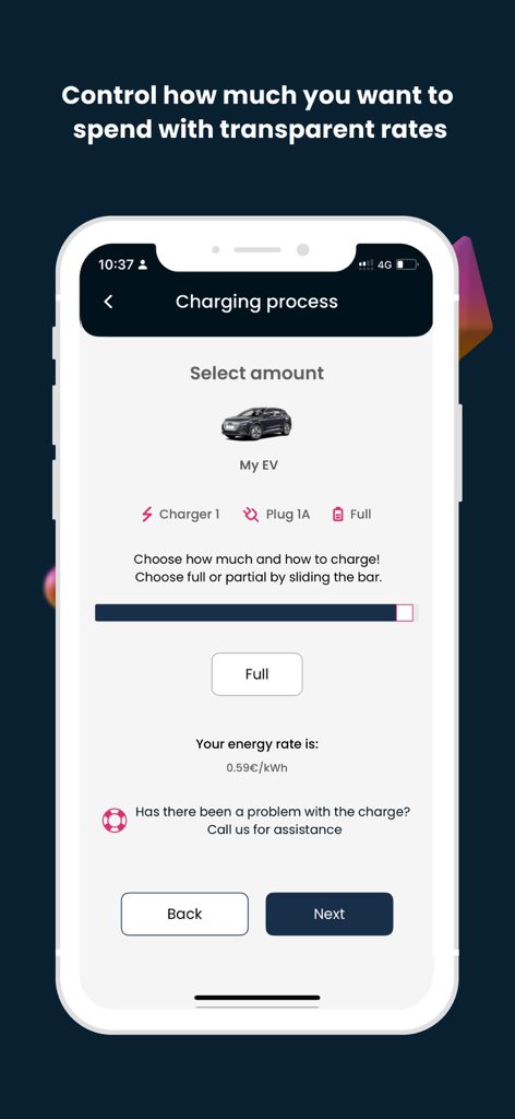 Wenea - La interfaz de la aplicación Wenea muestra la selección de la cantidad de recarga y las tarifas de energía para un vehículo eléctrico