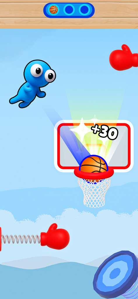 BasketBlitz: Basketball Game - Un balón de baloncesto entrando en la canasta en BasketBlitz con una bonificación de treinta puntos y obstáculos de guante de boxeo