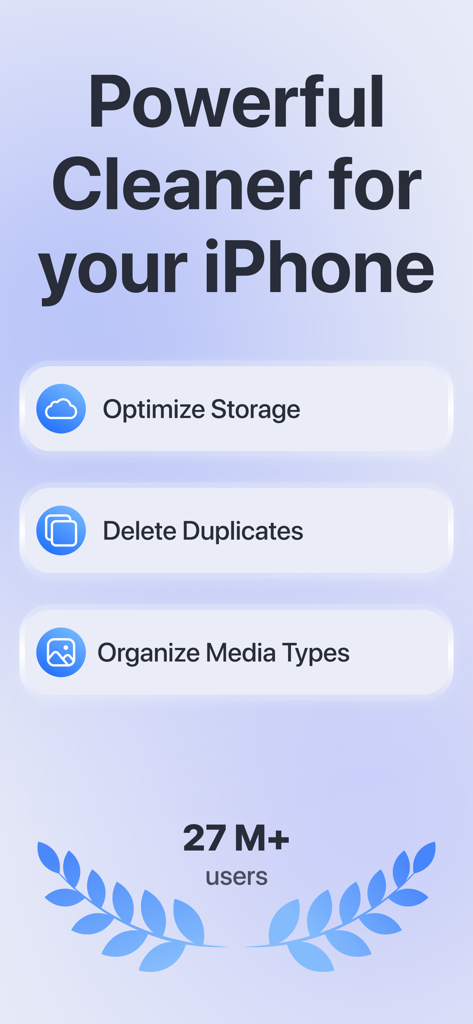 Interfaz de la aplicación Cleaner Plus que muestra la optimización del almacenamiento y las opciones de eliminación de fotos duplicadas para usuarios de iPhone