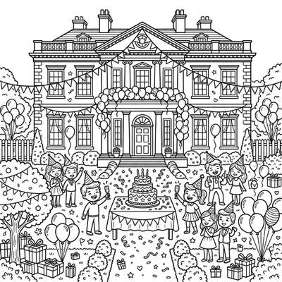Step into a world of elegance and celebration with this detailed coloring page of a Georgian mansion hosting a lively birthday party. Perfect for all ages, bring this festive scene to life with your favorite colors.