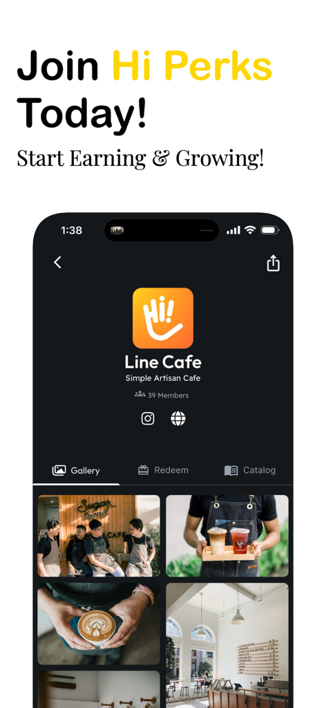 Hi Perks app screenshot showing a business profile for a cafe with a visual photo gallery of products and staff.