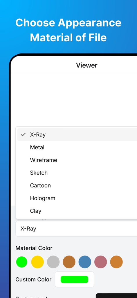 Interface of STL File Viewer Pro showing material options like Metal and Wireframe along with a custom color picker for 3D models