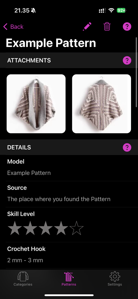 Crocheting Patterns Lite - Detalles del patrón de ganchillo que muestran imágenes, nivel de habilidad, calificación y requisitos de tamaño de aguja