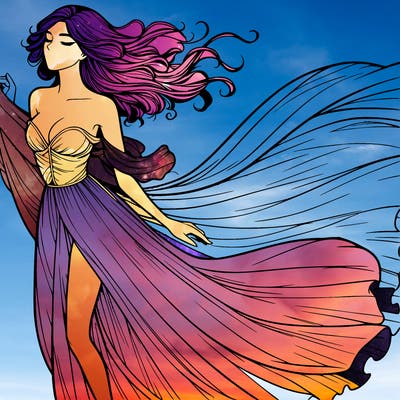 realistic woman in dress flowing the the wind