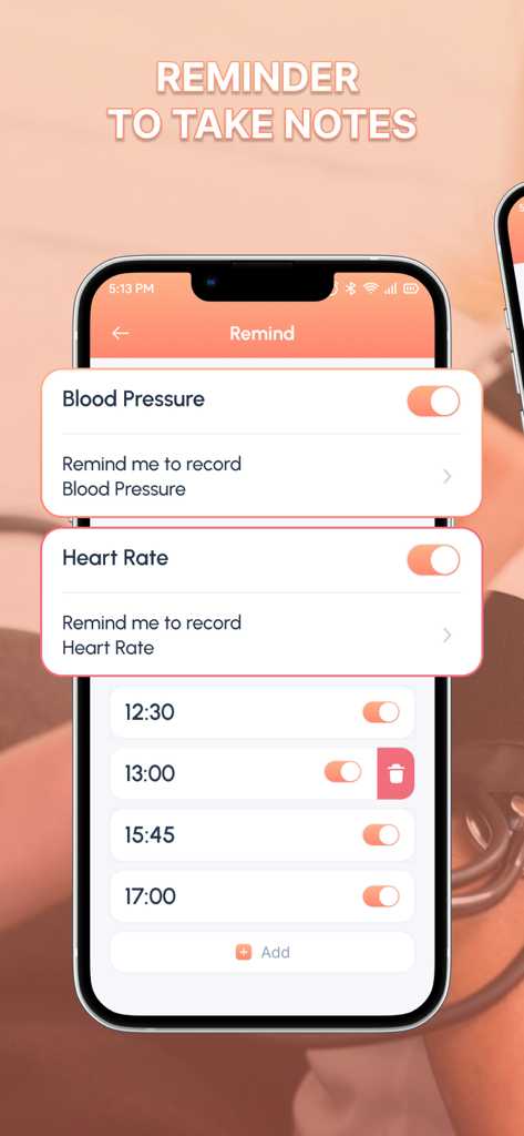 Interface of the blood sugar tracker app showing custom reminder settings for blood pressure and heart rate