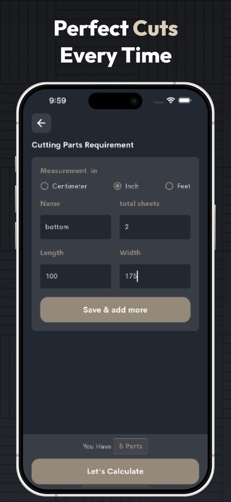 App interface for entering dimensions and material requirements in Cutlist Optimizer