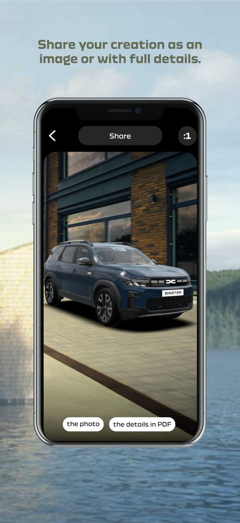 Écran de l'application Dacia AR montrant un SUV Bigster bleu dans un environnement virtuel avec des options pour partager la création sous forme de photo ou de PDF.
