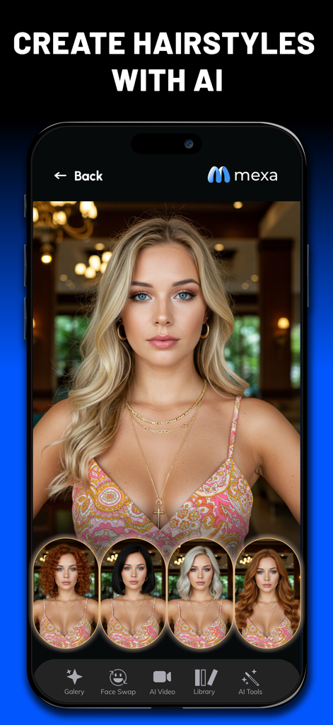 Mexa - Photo & Video with AI - Smartphone screen showing Mexa app interface for creating hairstyles with artificial intelligence