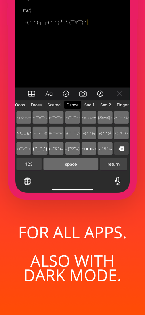 Interface do teclado Kaomoji plus no modo escuro exibindo vários emoticons dançantes.