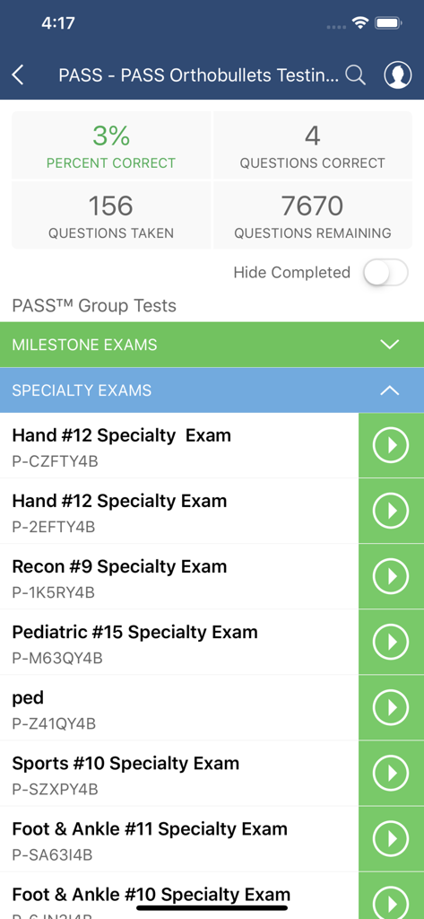 Bullets* - Screenshot of the Bullets app showing specialty exam lists and performance statistics like questions taken and percent correct.