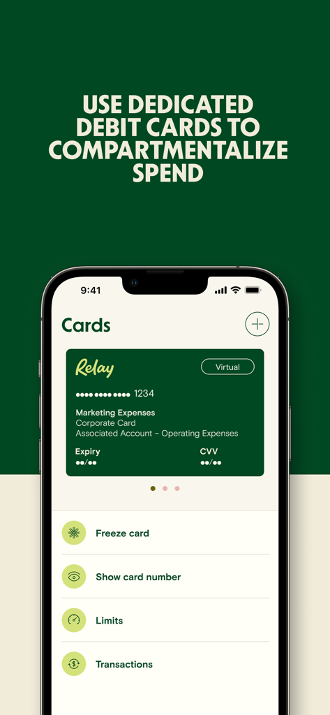 Relay app interface showing a virtual corporate debit card for marketing expenses and spending management features