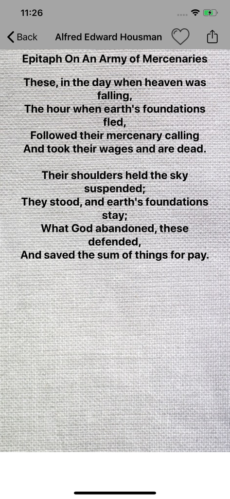 English Poems - Poets & Poetry - Alfred Edward Housman poem displayed in the English Poems app interface