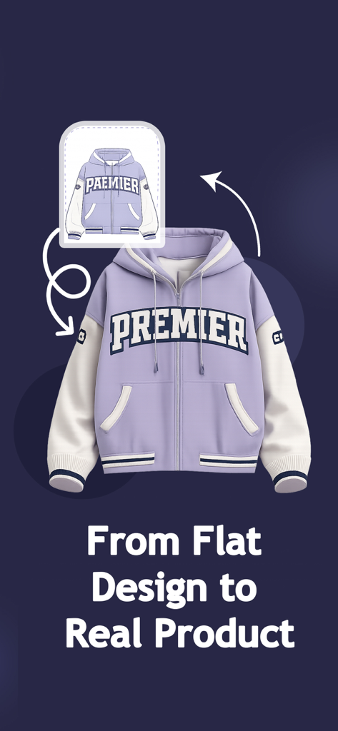 StokX:3DMockups Clothes Design - Un boceto plano de ropa transformándose en una maqueta 3D realista de sudadera con capucha