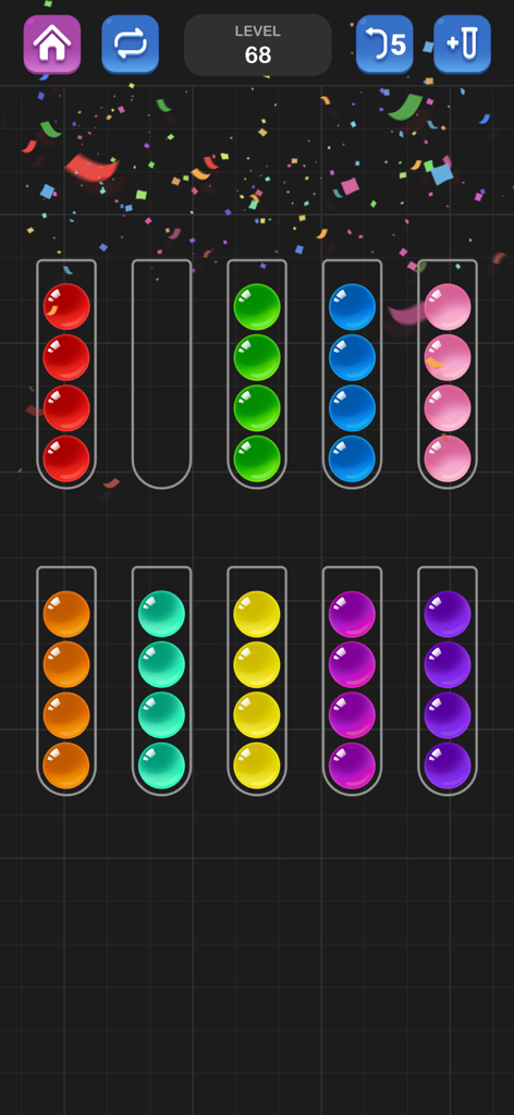 Win screen of Ball Sort Puzzle game with colored balls organized in tubes and falling confetti