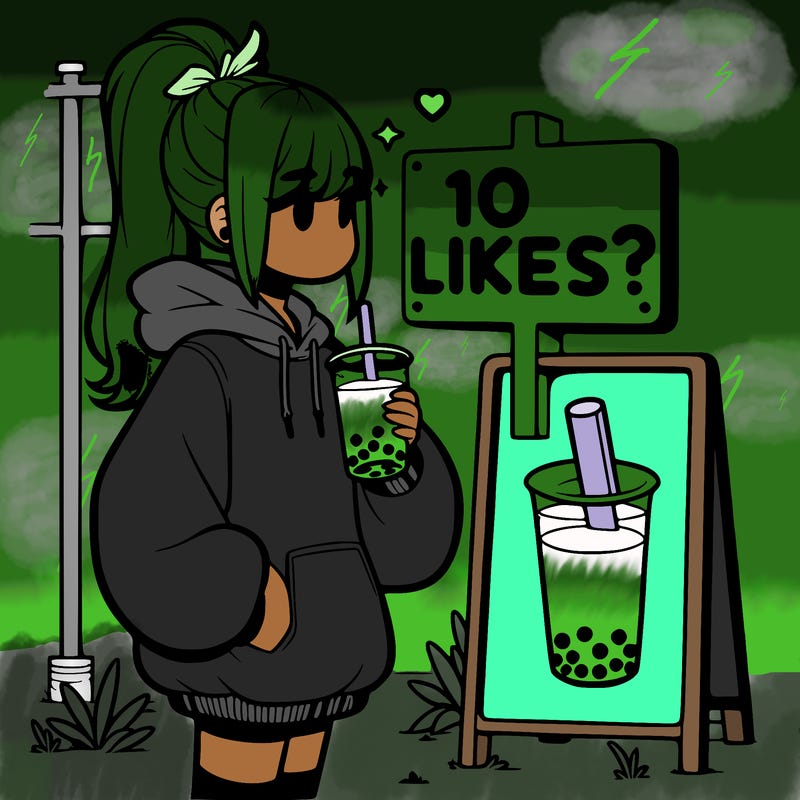girl with oversized hoodie drinking boba and she has a high ponytail with a sign that says 10likes?