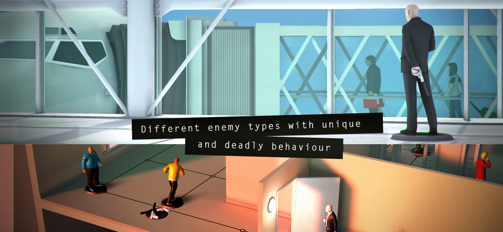 Agent 47 in a diorama style turn based puzzle showing different enemy types on a grid