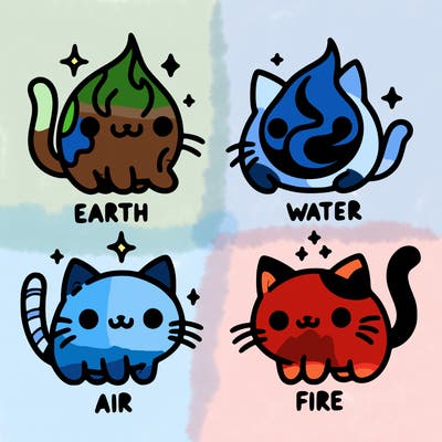 4 cats that represent the different elements, earth, water, air, and fire