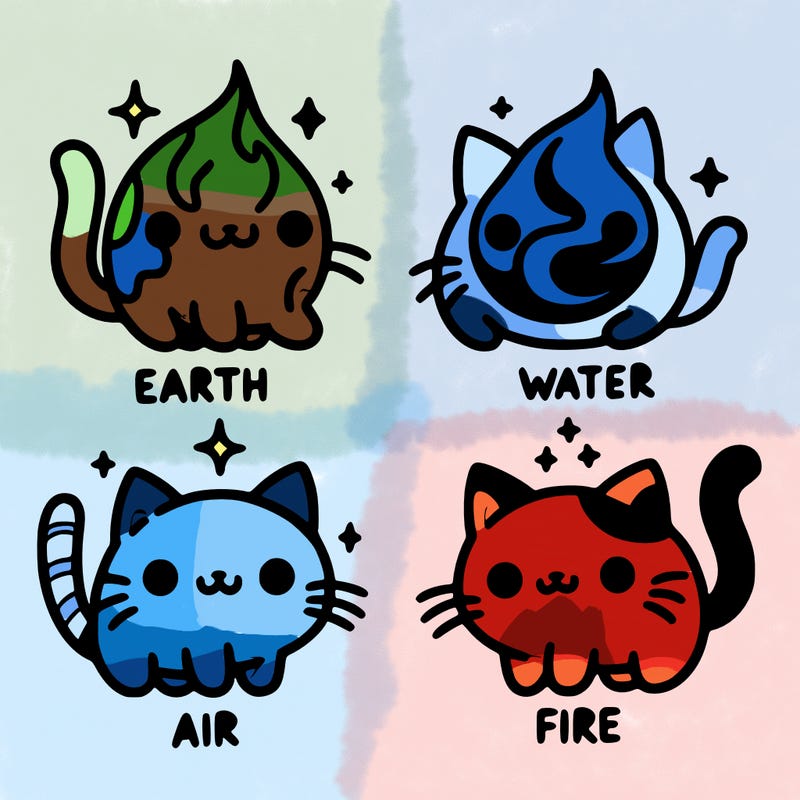 4 cats that represent the different elements, earth, water, air, and fire