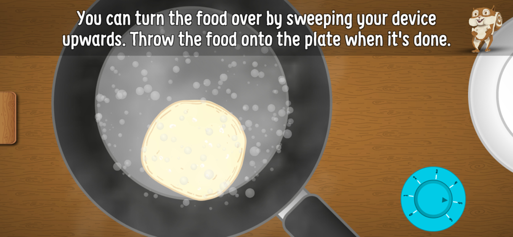 Lucky's Tree of Puzzles - A pancake cooking in a frying pan with a blue temperature dial and gameplay instructions