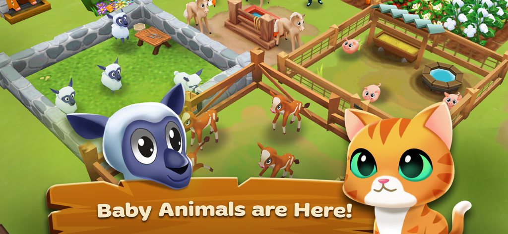 Farm Story 2™ - A 3D farm scene from Farm Story 2 showing cute baby animals in pens with the text Baby Animals are Here.