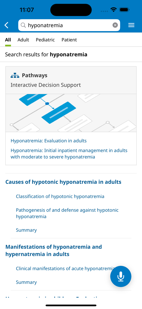 UpToDate app interface showing clinical search results for hyponatremia and interactive decision support pathways.