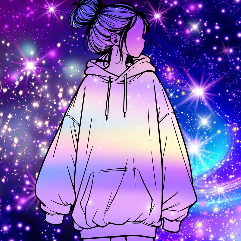 realistic girl with a oversized sweatshirt on and a bun