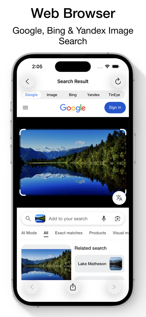 Reverse Image Search & AI Lens - Smartphone screen showing reverse image search results for a lake using Google Bing and Yandex engines