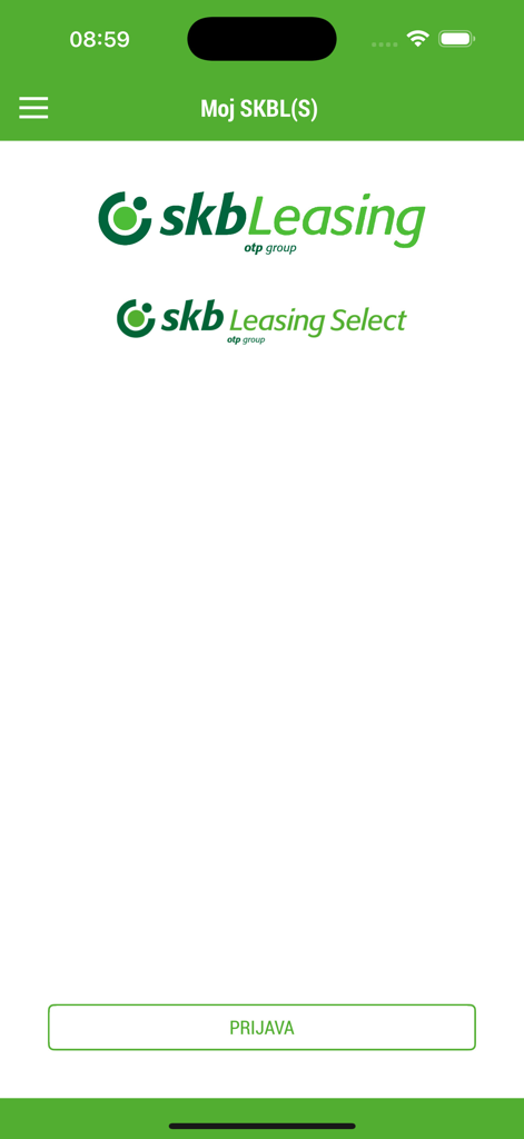 Moj SKBL(S) - Login screen of the Moj SKBL mobile finance app with SKB Leasing logos and a green login button.