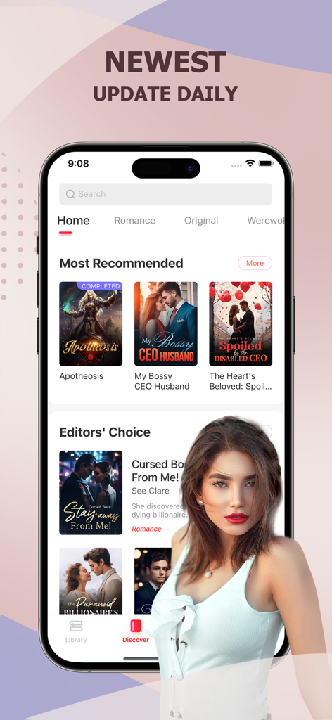 ReadNow: Novels & Stories - Smartphone screen showing the ReadNow app home page with various romance and billionaire novel covers and a daily update header.