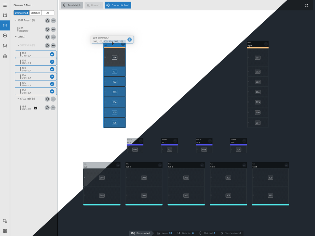 JBL Performance - JBL Performance app Discover and Match screen showing visual system design and device management for professional audio speakers