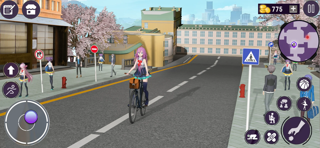 Anime High School Girl Sim - Anime girl riding a bicycle through a city street in a school simulation game