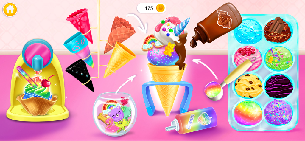 Swirly Icy Pops - Una colorida pantalla de juego que muestra varios conos de helado, bolas y coberturas para decorar un sundae personalizado en Swirly Icy Pops.
