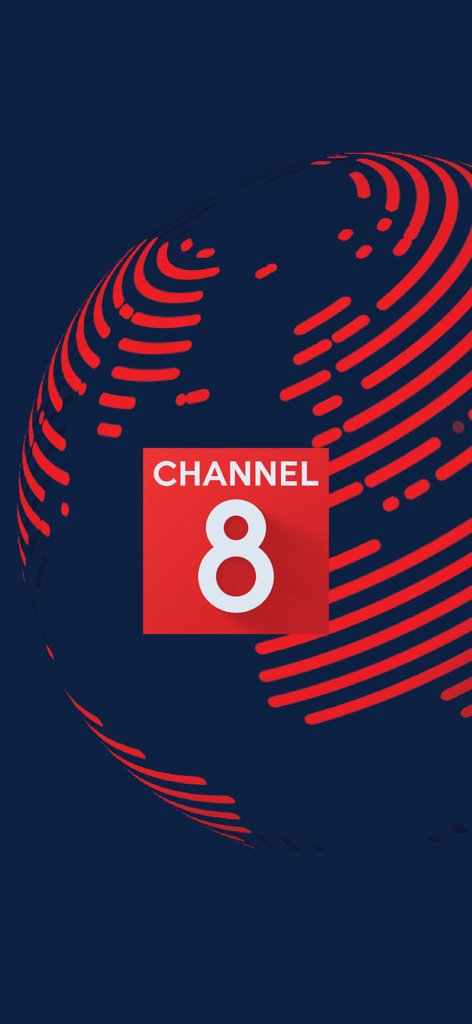 Pantalla de inicio de la aplicación CHANNEL8 con el logo rojo y un globo estilizado