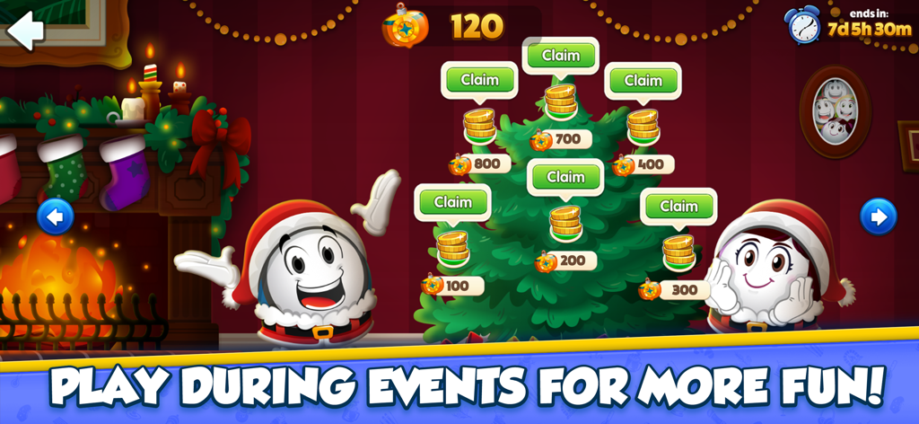 GamePoint Bingo Games of Bingo - GamePoint Bingo Christmas event screen with characters in Santa hats and coin rewards on a holiday tree